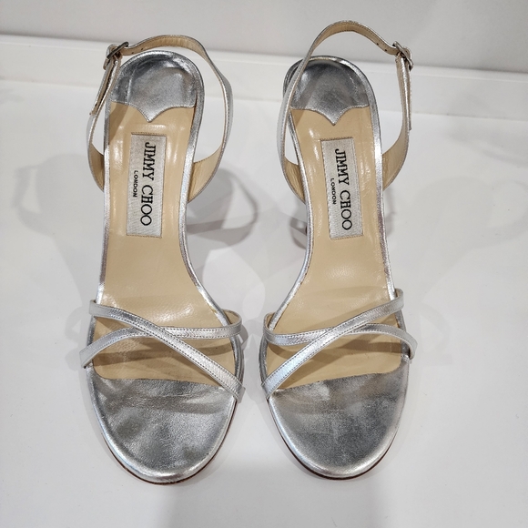JIMMY CHOO Jasmin 105 Metallic Silver Nappa Leather Strappy Sandals Sz 37.5 - Picture 2 of 13